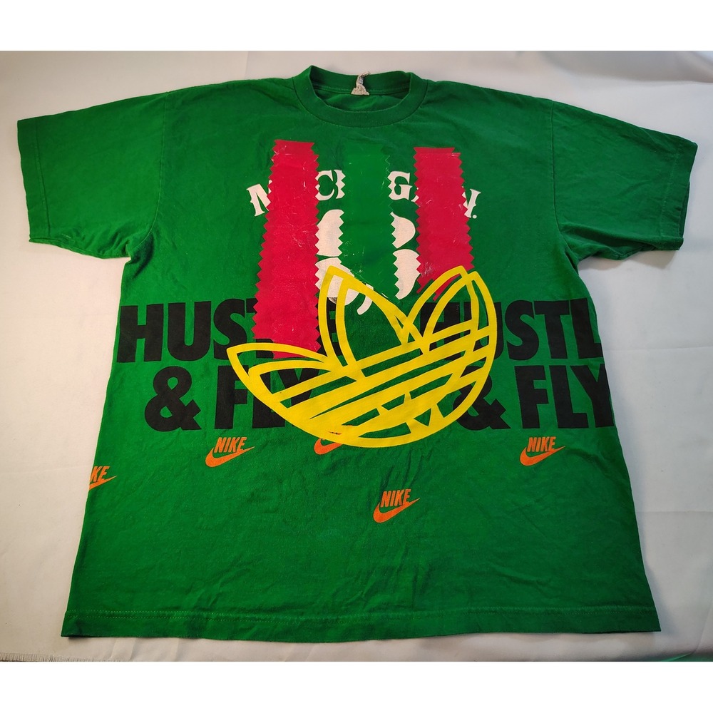 Mens Green Hustle & Fly Graphic Logo Mashup Streetwear T-Shirt Large Custom